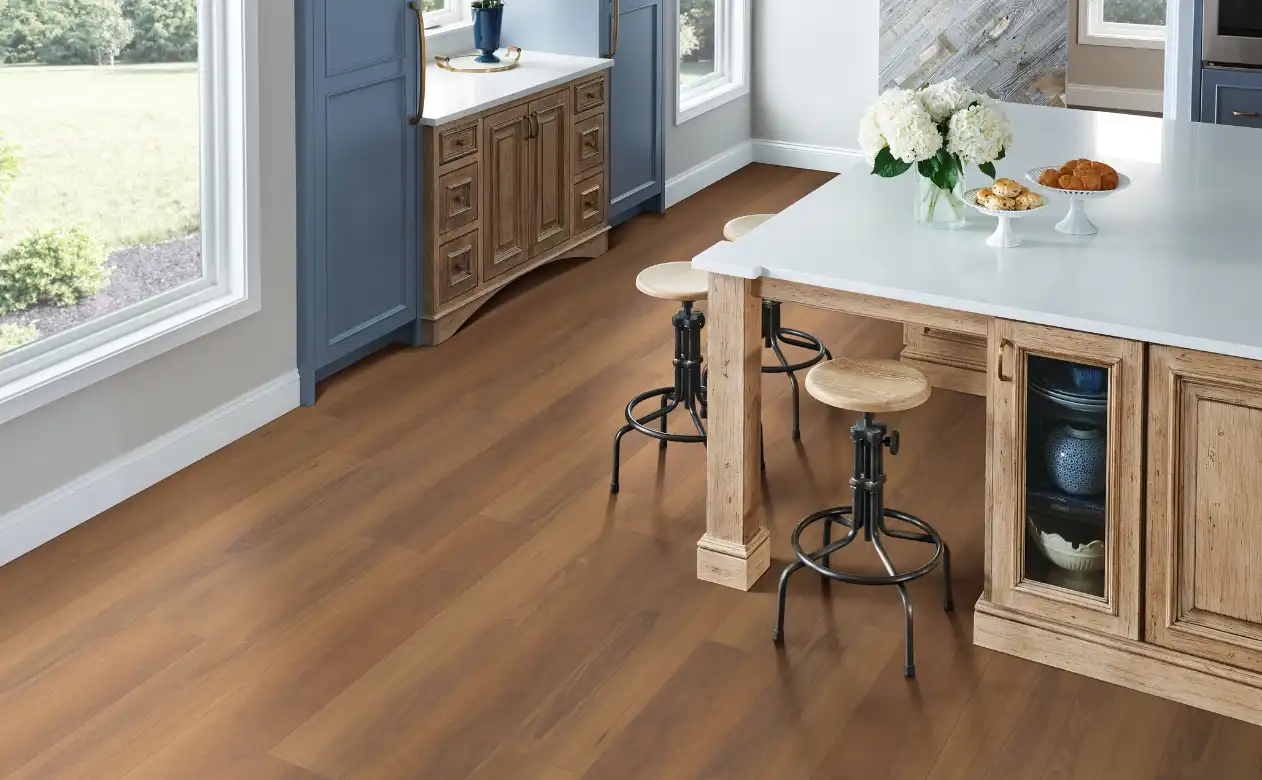 Oak look vinyl plank with casual kitchen island and stools. 